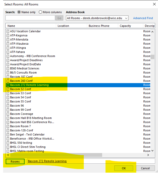 Select Room Highlighted